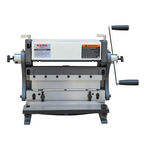 A Kang Industrial 3-in-1 combination sheet metal brake, capable of shearing, bending, and rolling metal, with a maximum capacity of 1.0 mm for mild steel.