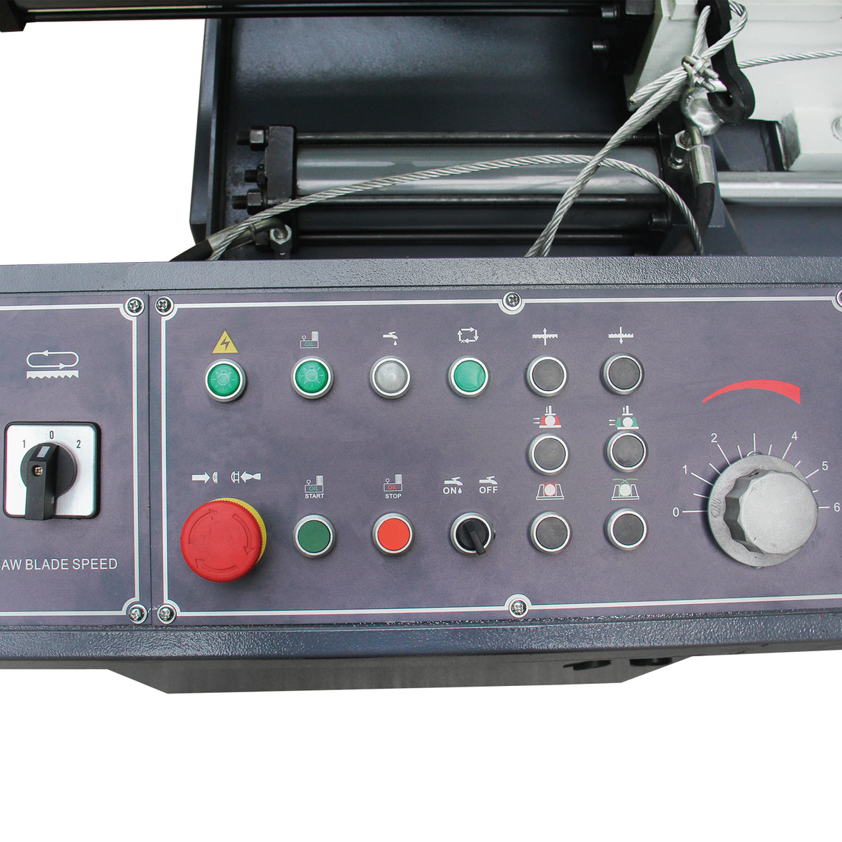 Hydraulic clamping vice and hydraulic blade tension adjustment Hydraulic blade tension is standard Standard working light and cooling system