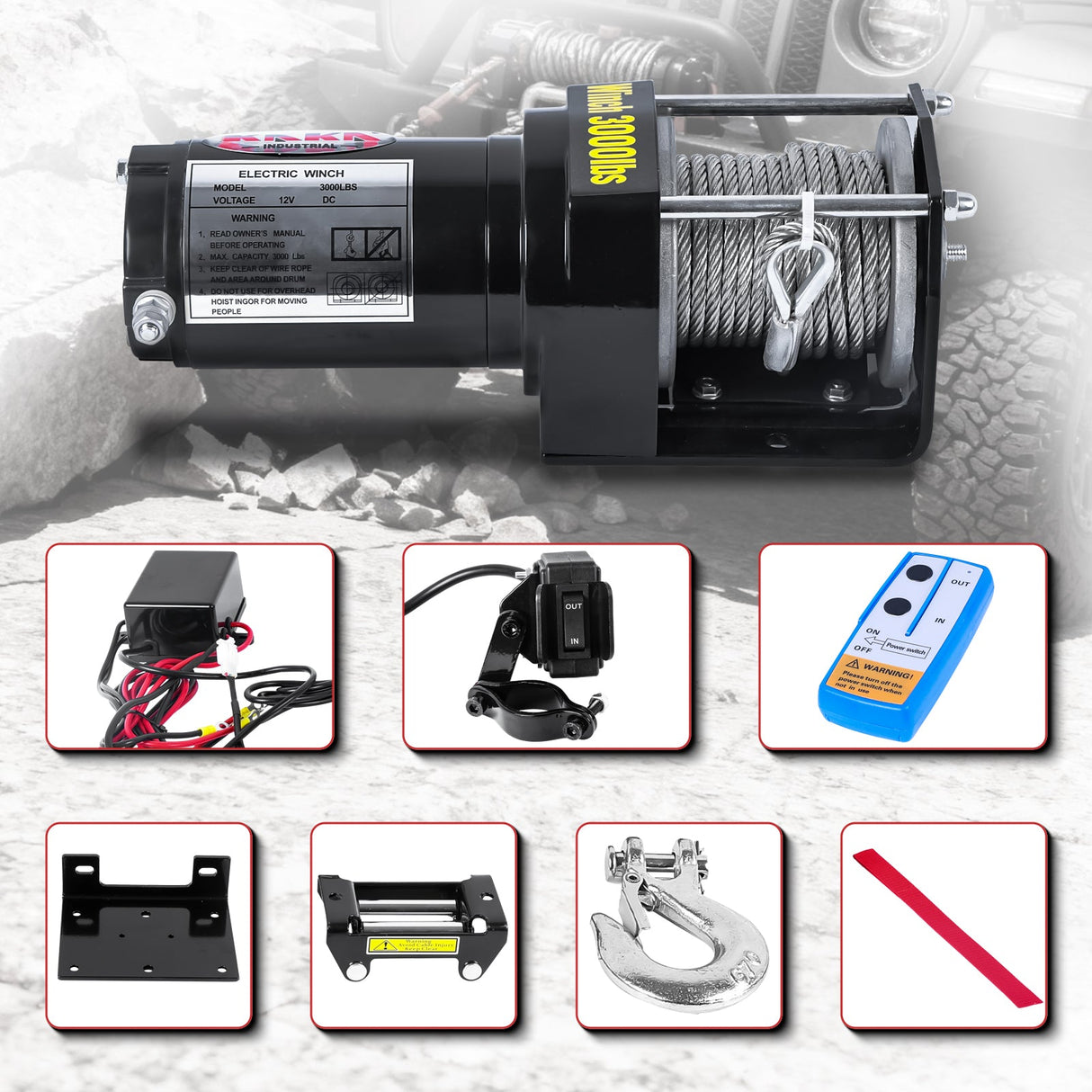 Electric Winch 3000LB Capacity, ATV-3000W Steel Wire Rope DC 12V Winch, Single-stage Planetary Gear Ratio 153:1