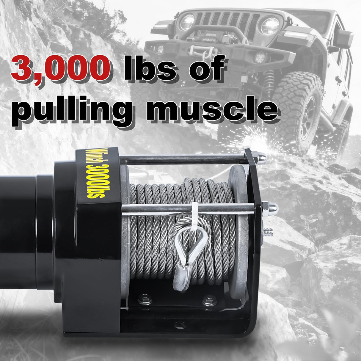 Electric Winch 3000LB Capacity, ATV-3000W Steel Wire Rope DC 12V Winch, Single-stage Planetary Gear Ratio 153:1