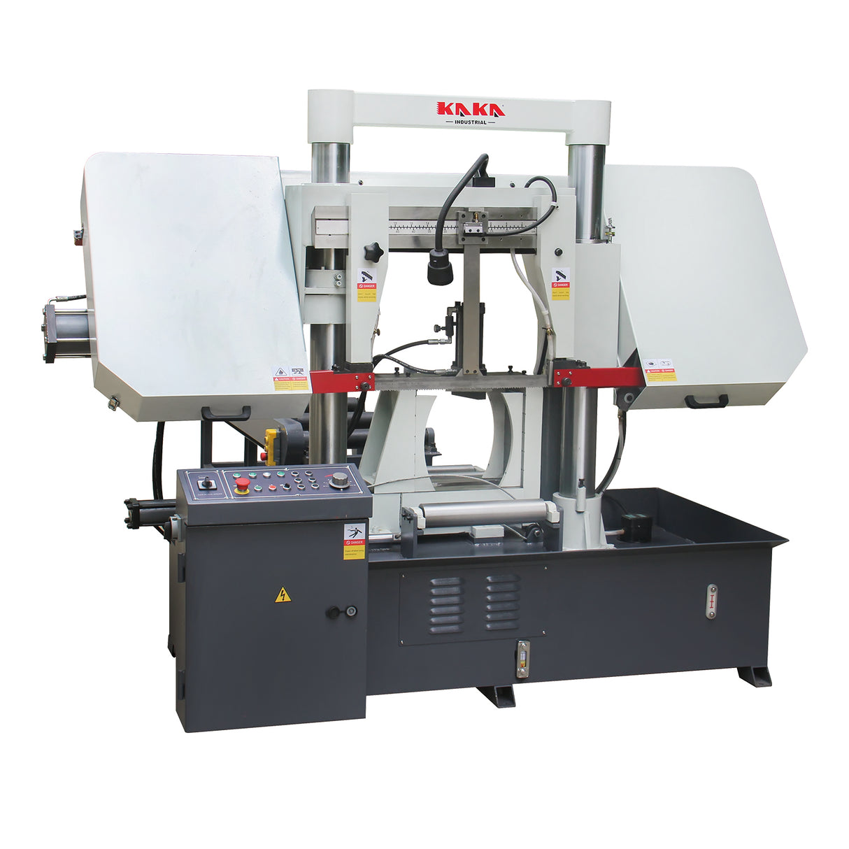 The saw is capable of cutting a 400mm OD and 400x400 square solid material, and comes equipped with an extra clamp for cutting hexagonal bundle material. 